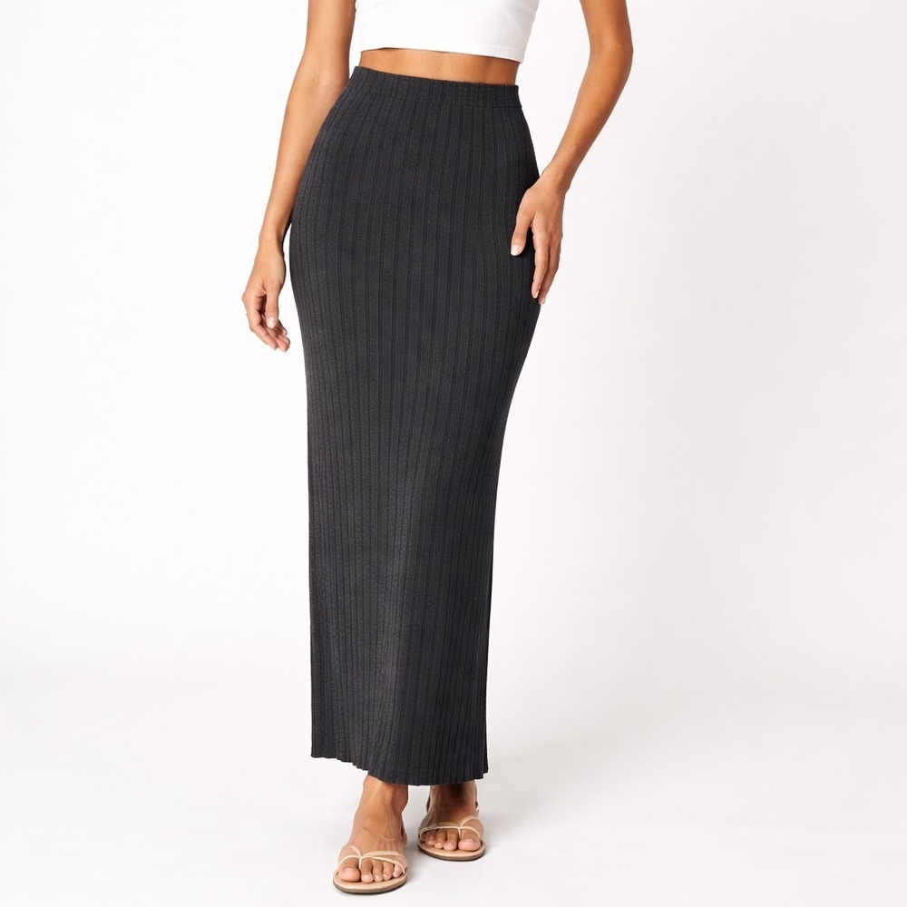MNG BY MANGO WOMEN GRAY CHARCOAL RIBBED MAXI PENCIL SKIRT SIZE SMALL PREPPY